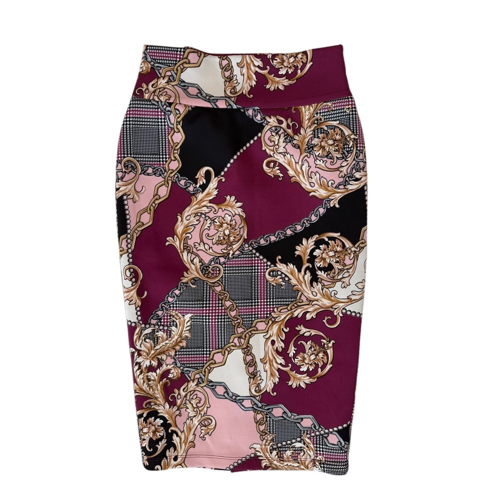 Thalia Sodi Womens Baroque Chain Print Pencil Skirt Burgundy Pink XS - Picture 2 of 7